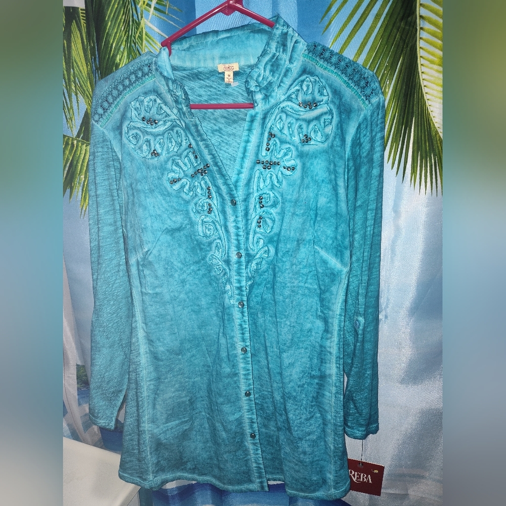 NWT Reba button down turquoise shirt
